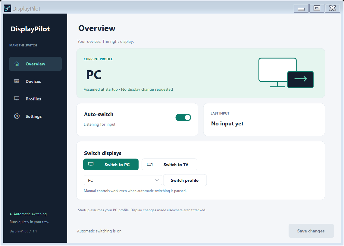 DisplayPilot overview with sidebar navigation, automatic switching, and profile controls